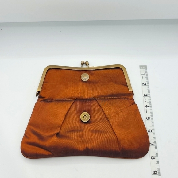 Vintage Burnt Copper Satin Fold-Over Clutch | Rhinestone Flower Details
